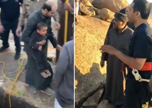 شاهد: لحظة انقاذ الدفاع المدني لـ”طفل” سقط بين صخرتين كبيرتين في جبل بـ”جنوب حائل”