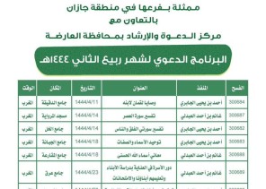 الشؤون الإسلامية في جازان تطلق البرنامج الدعوي لشهر ربيع ثاني بدعوة العارضة