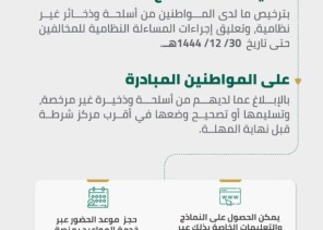وزارة الداخلية تعلنُ تمديدَ مهلة السماح بترخيص ما لدى المواطنين من أسلحة وذخائر غير نظامية حتى 30/ 12/ 1444هـ