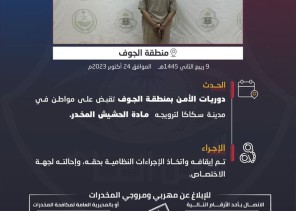 دوريات الأمن بالجوف تطيح بمواطن لترويجه مادة الحشيش المخدر بـ”سكاكا”