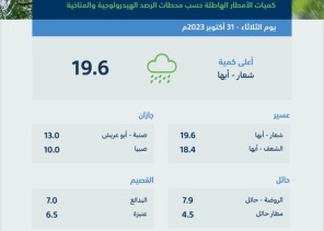 عسير تسجّل أعلى كمياتٍ لهطول الأمطار بـ (19.6) ملم في “أبها”