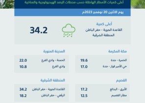 الشرقية تسجّل أعلى كمية لهطول الأمطار بالمملكة بـ (34.2) ملم في “حفر الباطن”