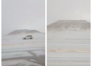 بالفيديو.. ثلج كثيف يغطي طريق العمارية جنوب عرعر وسط تساقط أمطار غزيرة