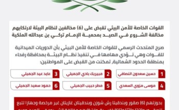 القوات الخاصة للأمن البيئي تقبض على6 مخالفين لنظام البيئة لارتكابهم مخالفة الشروع في الصيد بمحمية الإمام تركي بن عبدالله الملكية