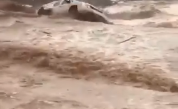 شاهد.. سيول جارفة تجرف مواطناً مع سيارته.. وأمير المدينة ونائبه يطمئنان عليه