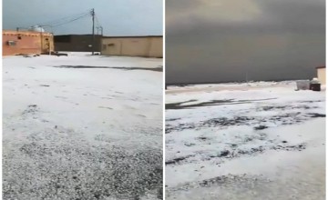 واصفاً أنها أول مرة بالتاريخ .. شاهد: مواطن يوثق فيديو لـ”تساقط الثلوج” على مدينة النخيل بالحناكية