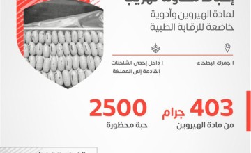 “الزكاة والضريبة والجمارك” تحبط محاولة تهريب 403 جرام من الهيروين و2500 حبة محظورة