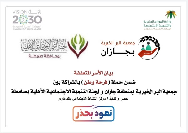 بعنوان “نعود  بحذر” .. جمعية البر ولجنة التنمية الأهلية بصامطة يطلقان مبادرة “فرحة وطن”