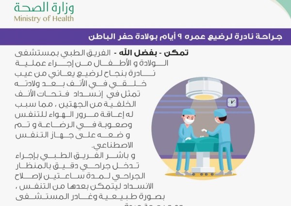 جراحة نادرة لـ”رضيع” عمره 9 أيام بولادة حفر الباطن