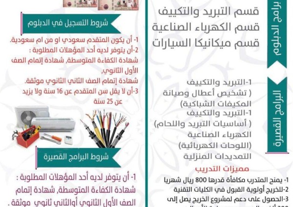 المعهد الصناعي الثانوي برفحاء يفتتح التسجيل اليوم الأحد في عدد من التخصصات
