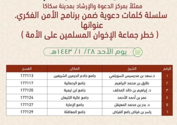 الشؤون الإسلامية بالجوف تنظم محاضرة (خطر جماعة الإخوان المسلمين على الأمة)