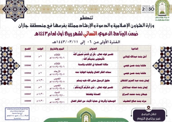 الشؤون الإسلامية بجازان تنظم كلمات دعوية ضمن البرنامج الدعوي النسائي لشهر ربيع الأول عبر البث المباشر