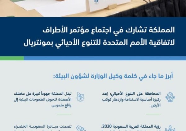 المملكة تشارك في اجتماع مؤتمر الأطراف لاتفاقية الأمم المتحدة للتنوع الأحيائي بمونتريال