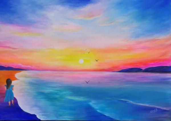 “شروق الشمس” لوحة فنية للفنان التشكيلي الاستاذ محمد حسن هزازي