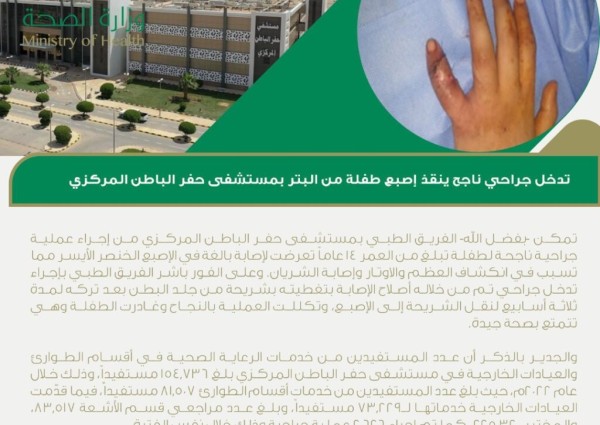 تدخل جراحي ناجح ينقذ إصبع طفلة من البتر بمستشفى حفر الباطن المركزي