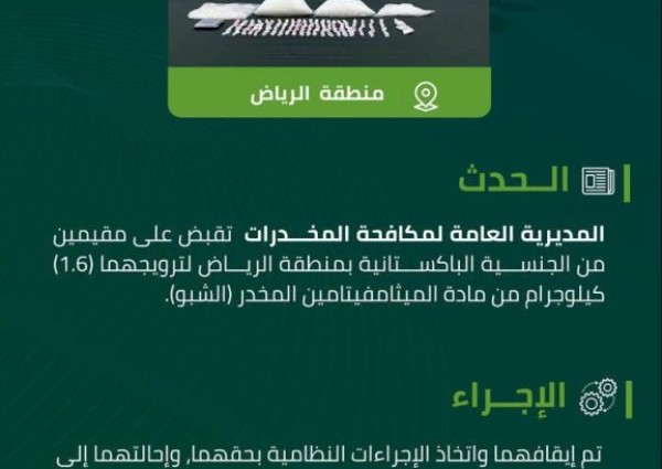 القبض على مقيمَين في الرياض بحوزتهما 1.6 كجم من الشبو وترويجهما للمخدرات