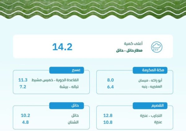 حائل تتصدر مناطق المملكة بأعلى كمية أمطار بـ14.2 ملم خلال 24 ساعة
