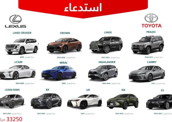 استدعاء 33 ألف سيارة تويوتا ولكزس بسبب خلل خطير.. هل سيارتك من بينها؟