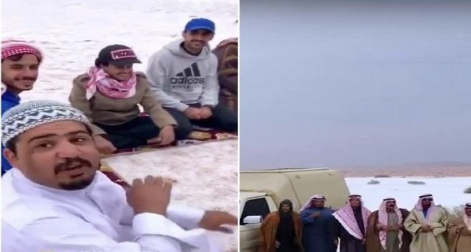 بالفيديو.. مواطنون يتزحلقون ويؤدون العرضة وسط الثلوج بالجوف