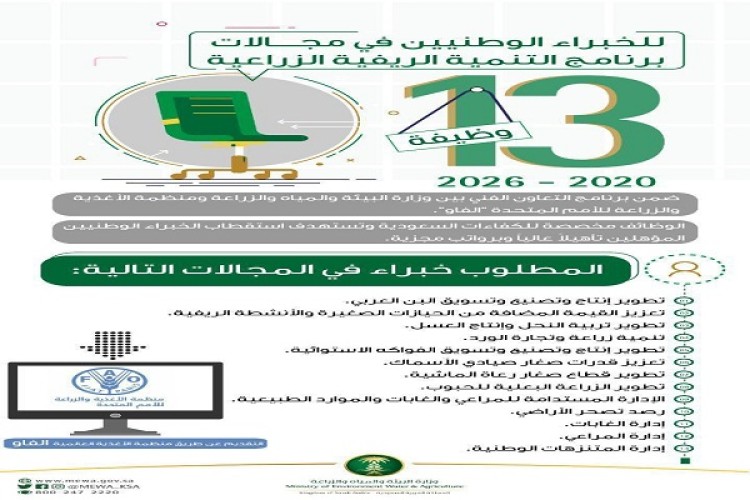 “البيئة” و”الفاو” تعلنان عن 13 وظيفة شاغرة للخبراء الوطنيين في برنامج التنمية الريفية الزراعية