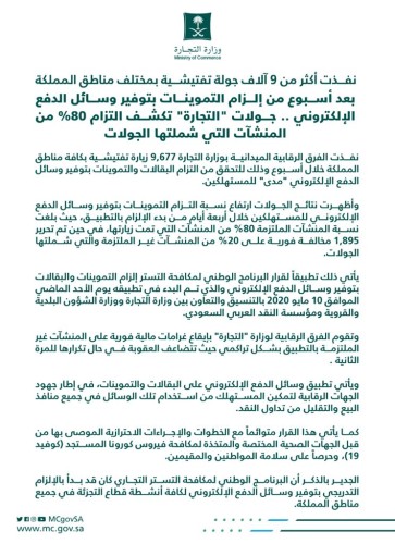 بعد أسبوع من إلزام التموينات بتوفير وسائل الدفع الإلكتروني .. جولات “التجارة” تكشف التزام 80% من المنشآت التي شملتها الجولات