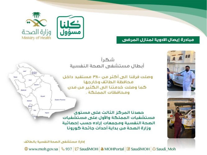 نفسية الطائف ثالث مستشفيات المملكة في خدمة توصيل الادوية والاول على مستوى مستشفيات الصحة النفسية