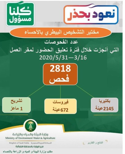 زراعة الاحساء لليوم فحص ٢٨١٨ عينه المختبر التشخيصي البيطري خلال جائحة كورونا