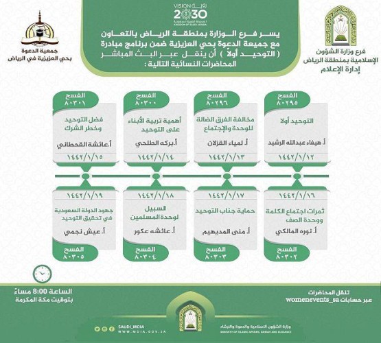 الشؤون الإسلامية تنظم عدداً من المحاضرات النسائية بالرياض