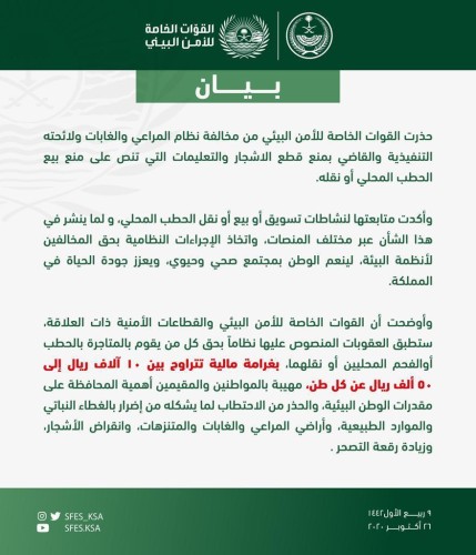 تحذير هام من الأمن البيئي بشأن مخالفة نظام المراعي والغابات