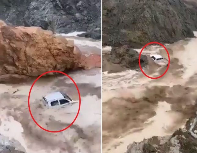 بفعل قوة اندفاع المياه .. بالفيديو: السيول تجرف سيارة في وادي خف بـ”أملج”