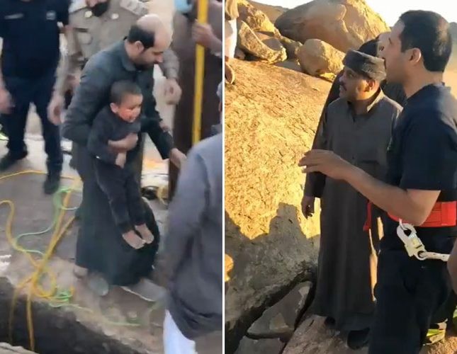 شاهد: لحظة انقاذ الدفاع المدني لـ”طفل” سقط بين صخرتين كبيرتين في جبل بـ”جنوب حائل”