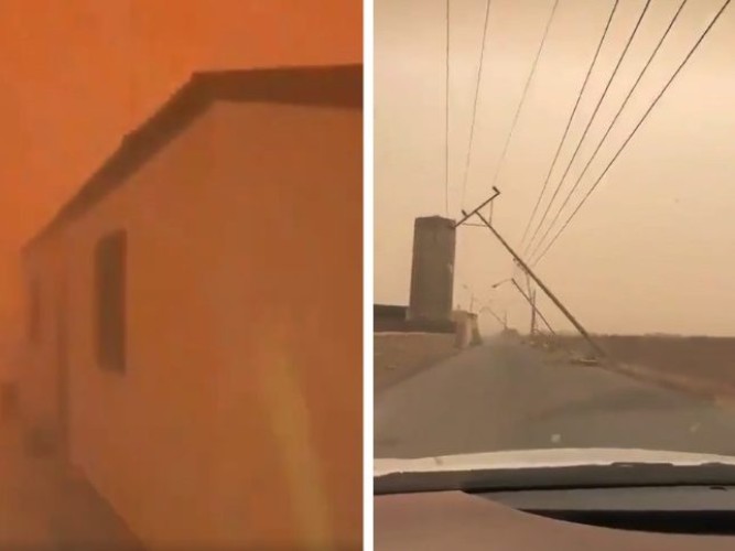 شاهد: عاصفة ترابية تضرب جبة في حائل وتطيح بالأعمدة الكهربائية من مكانها