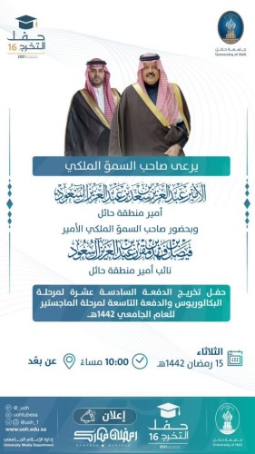 سمو أمير منطقة حائل يرعى يوم الثلاثاء حفل الخريجين بجامعة حائل