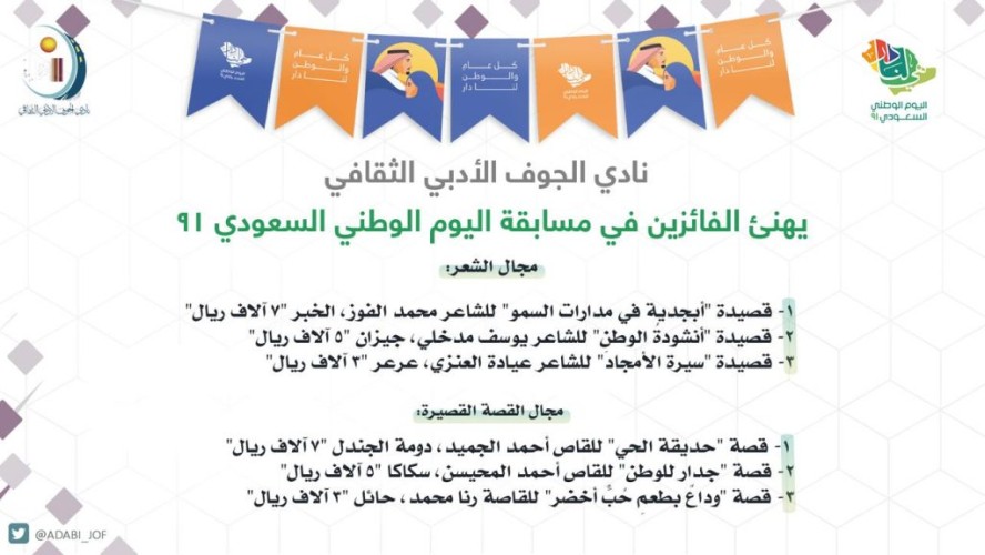 نادي “أدبي الجوف” يعلن أسماء الفائزين في مسابقة اليوم الوطني