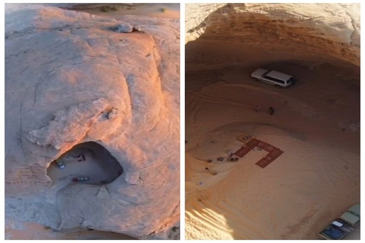 يحتوي على رسومات وكتابات ثمودية .. شاهد: غار المشطبة العجيب بـ”حائل”