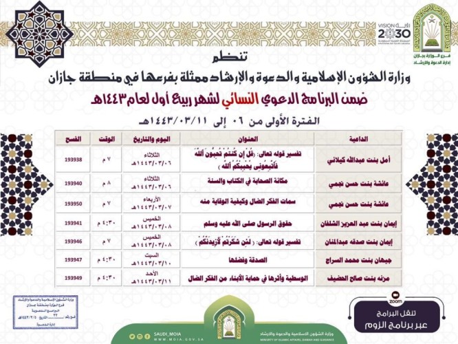 الشؤون الإسلامية بجازان تنظم كلمات دعوية ضمن البرنامج الدعوي النسائي لشهر ربيع الأول عبر البث المباشر