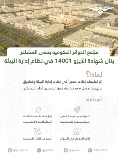 مجمّع الدوائر الحكومية بحمى المشاعر ينال شهادة الآيزو في نظام الإدارة البيئية