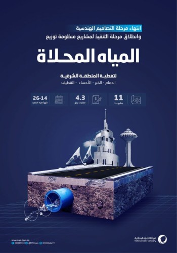 “المياه الوطنية” انتهاء مرحلة التصاميم الهندسية وانطلاق مرحلة التنفيذ لمشاريع منظومة توزيع المياه المحلاة في المنطقة الشرقية