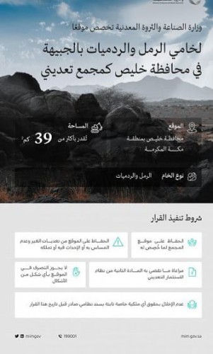 وزارة الصناعة والثروة المعدنية تخصص موقعاً لخامي الرمل والردميات بالجبيهة في محافظة خليص كمجمع تعديني