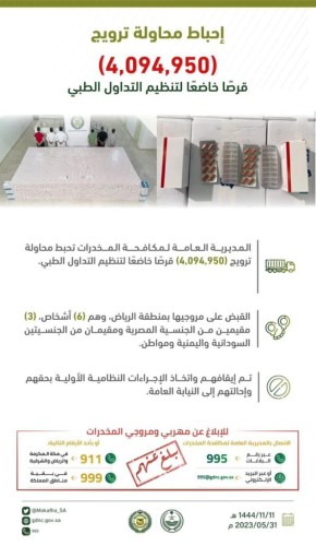 مكافحة المخدرات: إحباط محاولة ترويج أكثر من 4 ملايين قرص خاضع لتنظيم التداول الطبي بالرياض والقبض على مروجيها