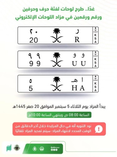 “المرور” يطرح مزادًا إلكترونيًا بحرف وحرفين ورقم ورقمين .. غدًا عبر منصة “أبشر”