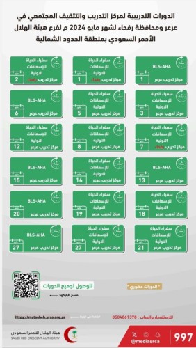 الهلال الأحمر بالحدود الشمالية يعلن عن الدورات التدريبية لمركز التدريب والتثقيف المجتمعي في عرعر ورفحاء