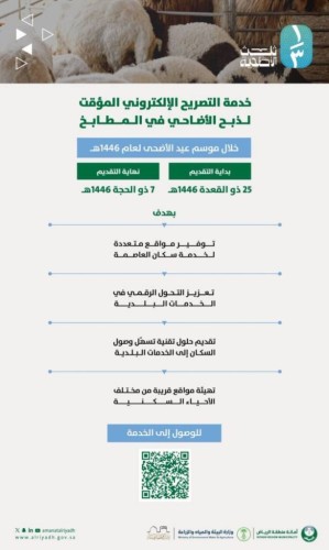 خلال موسم عيدالأضحى.. أمانة الرياض تُطلق التصريح الإلكتروني المؤقت لذبح الأضاحي في المطابخ