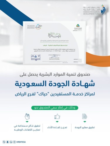 «بما يتوافق مع رؤية 2030».. فرع صندوق تنمية الموارد البشرية بالرياض يحصل على شهادة الجودة السعودية لخدمة المستفيدين