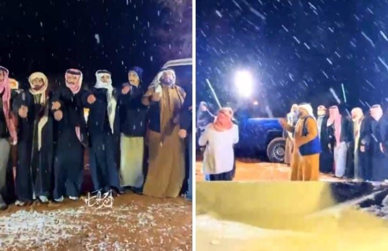 حائل تحتفل بالثلوج.. بالفيديو.. الأهالي يحيون رقصة السامري الشعبية وسط أجواء ساحرة