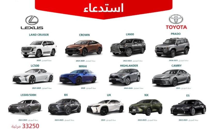 استدعاء 33 ألف سيارة تويوتا ولكزس بسبب خلل خطير.. هل سيارتك من بينها؟