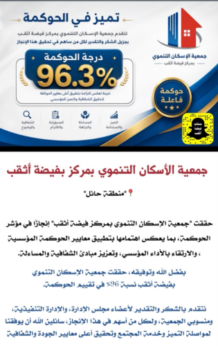 جمعية الإسكان التنموي بفيضة أثقب تحقق 96.3% في تقييم الحوكمة