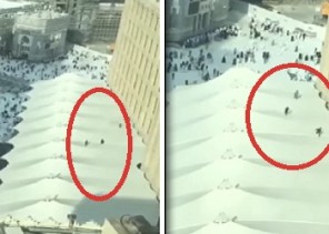 شاهد .. أطفال يلعبون ويتقافزون على سطح خيام بالقرب من المسجد الحرام!