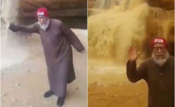 شاهد : رجل مسن يعبر عن فرحته بشلالات الأمطار في حريملاء