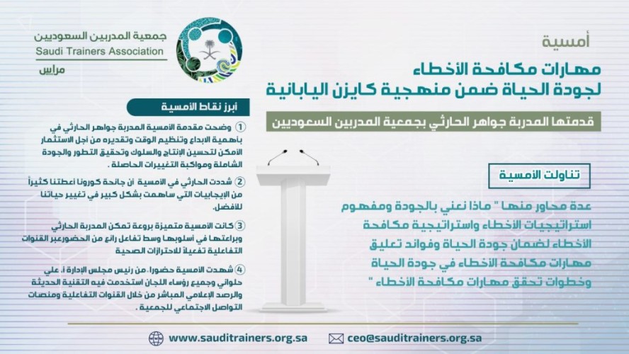 الحارثي تقدم أمسية “مهارات مكافحة الأخطاء بجمعية المدربين السعوديين